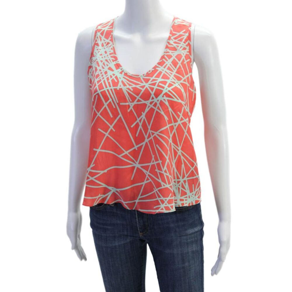 Hunter Dixon Womens Scoop Neck Abstract Silk Tank Top Peach Mint Size Small